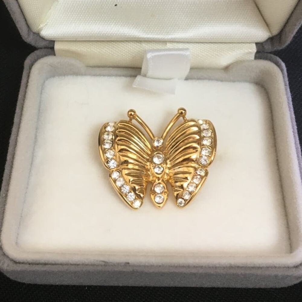 Krementz Gold Tone Rhinestone Butterfly Pin Brooch In Original Box W Paperwork